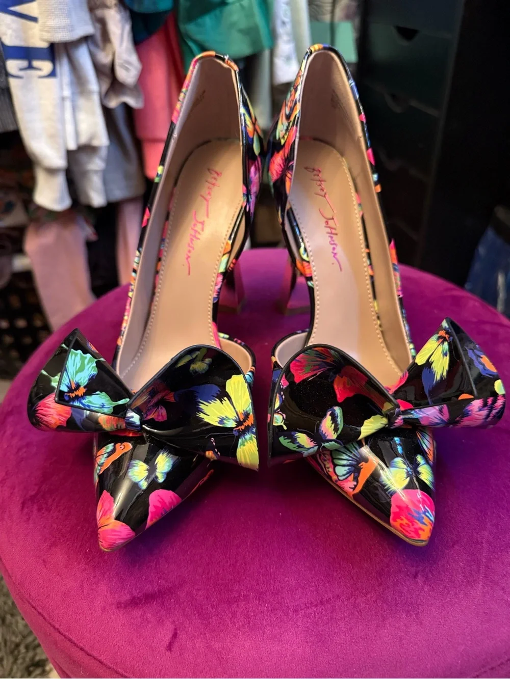Betsey Johnson Black Floral Bow Pointed-Toe Heels with Neon Accents - Picture 2 of 7